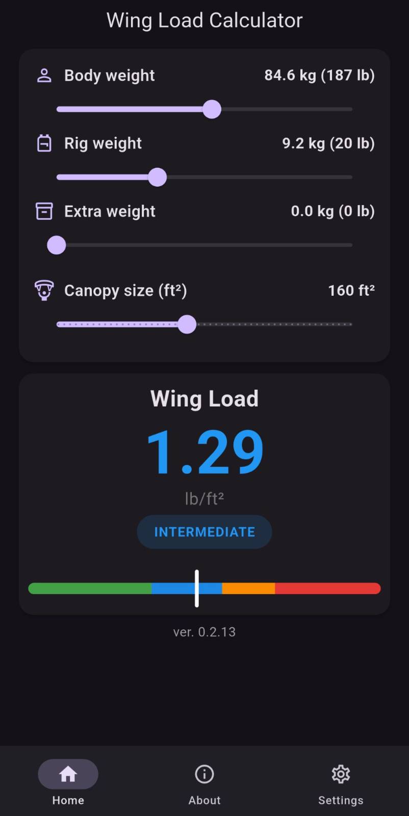 Wing Load Calculator Screenshot